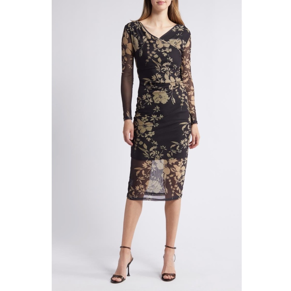 NIKKI LUND: Britt Floral Print Long Sleeve Mesh Maxi Dress (NWOT)